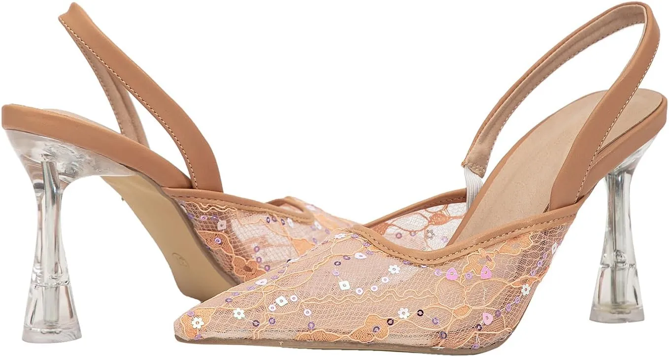 getmorebeauty Women's Kitten Sequin Slingback Heels Pumps Sandals Lace Mesh Pointed Toe Bridal Wedding Shoes