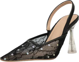 getmorebeauty Women's Kitten Sequin Slingback Heels Pumps Sandals Lace Mesh Pointed Toe Bridal Wedding Shoes
