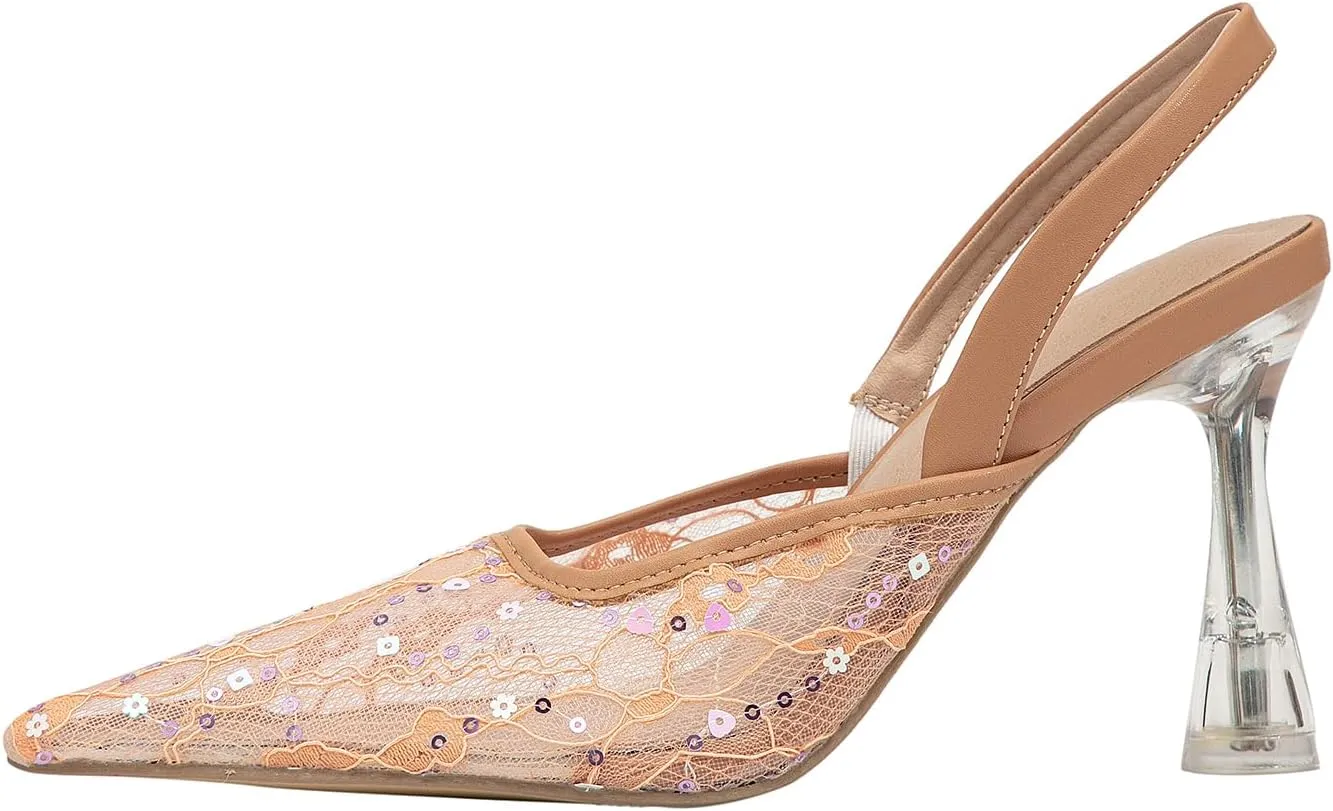 getmorebeauty Women's Kitten Sequin Slingback Heels Pumps Sandals Lace Mesh Pointed Toe Bridal Wedding Shoes