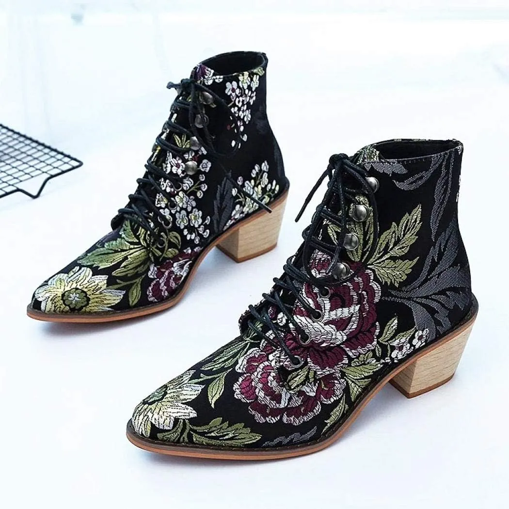 Gets Womens Vintage Floral Embroidered Block Heel Cowboy Boots Heighten Ankle Booties