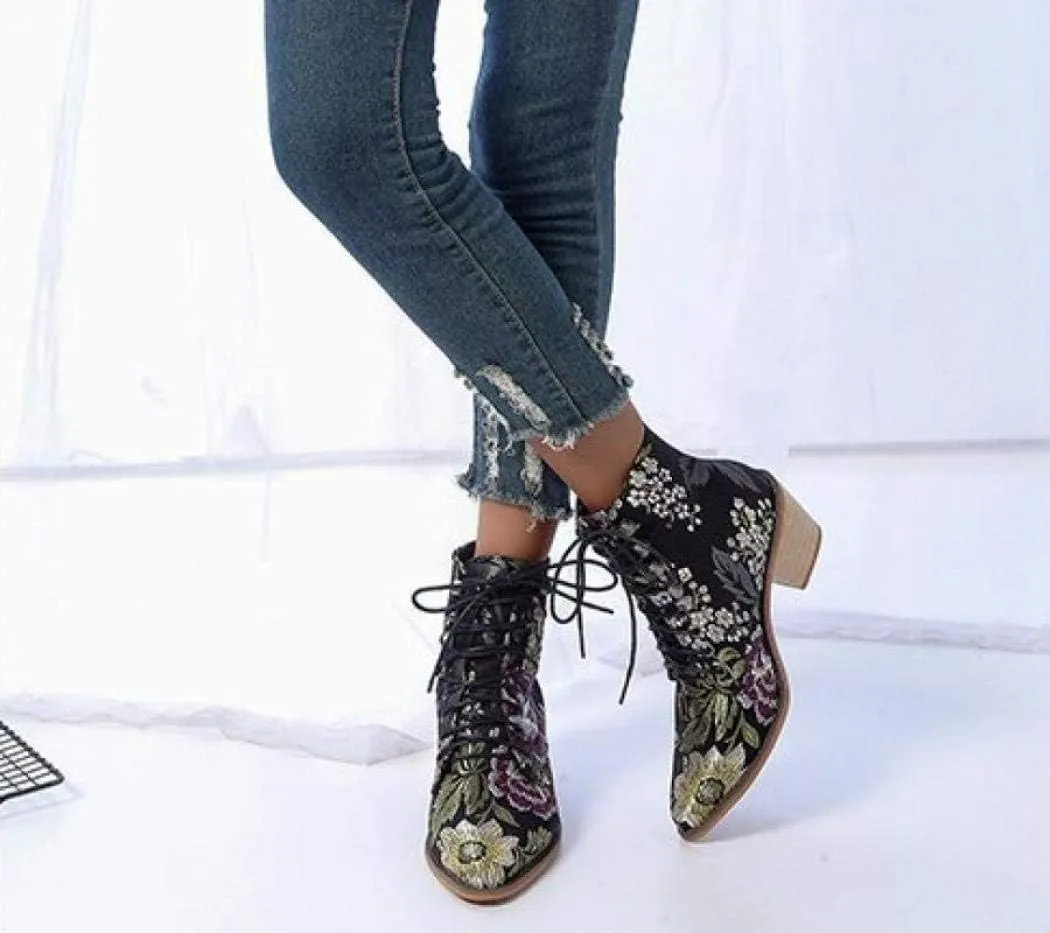 Gets Womens Vintage Floral Embroidered Block Heel Cowboy Boots Heighten Ankle Booties