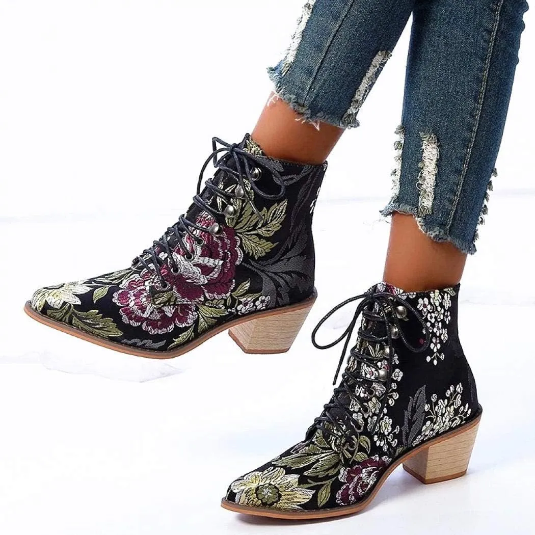 Gets Womens Vintage Floral Embroidered Block Heel Cowboy Boots Heighten Ankle Booties