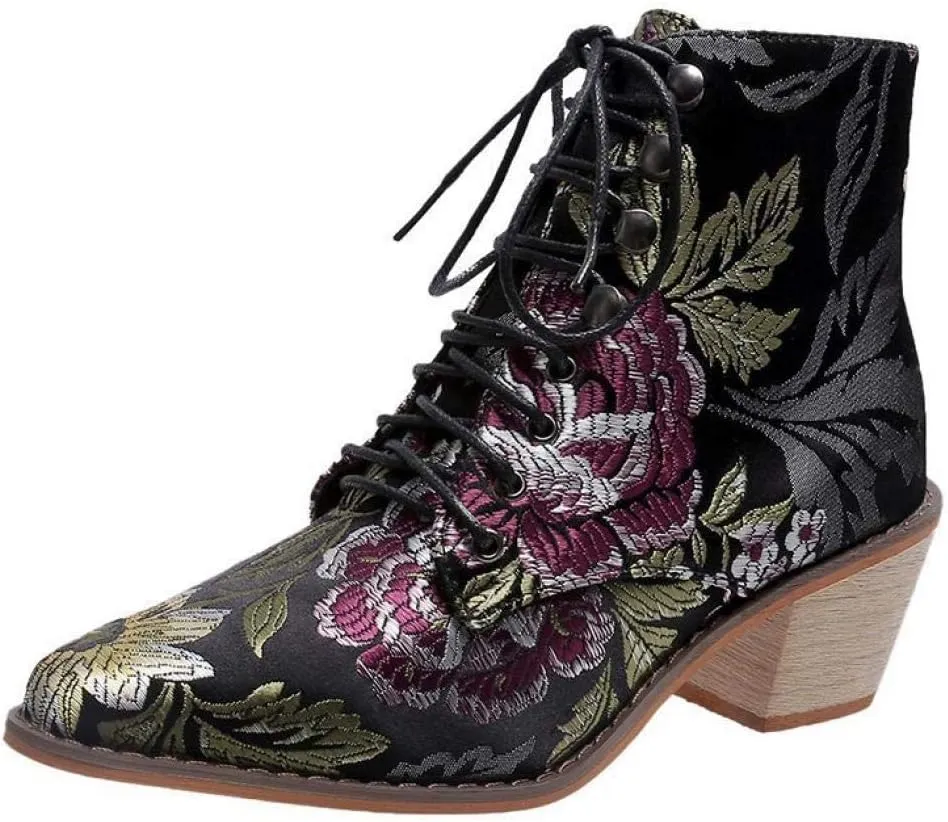 Gets Womens Vintage Floral Embroidered Block Heel Cowboy Boots Heighten Ankle Booties