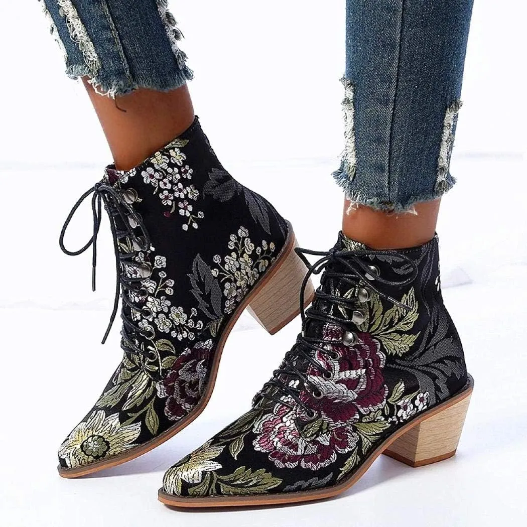 Gets Womens Vintage Floral Embroidered Block Heel Cowboy Boots Heighten Ankle Booties