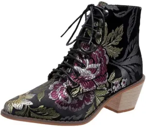 Gets Womens Vintage Floral Embroidered Block Heel Cowboy Boots Heighten Ankle Booties