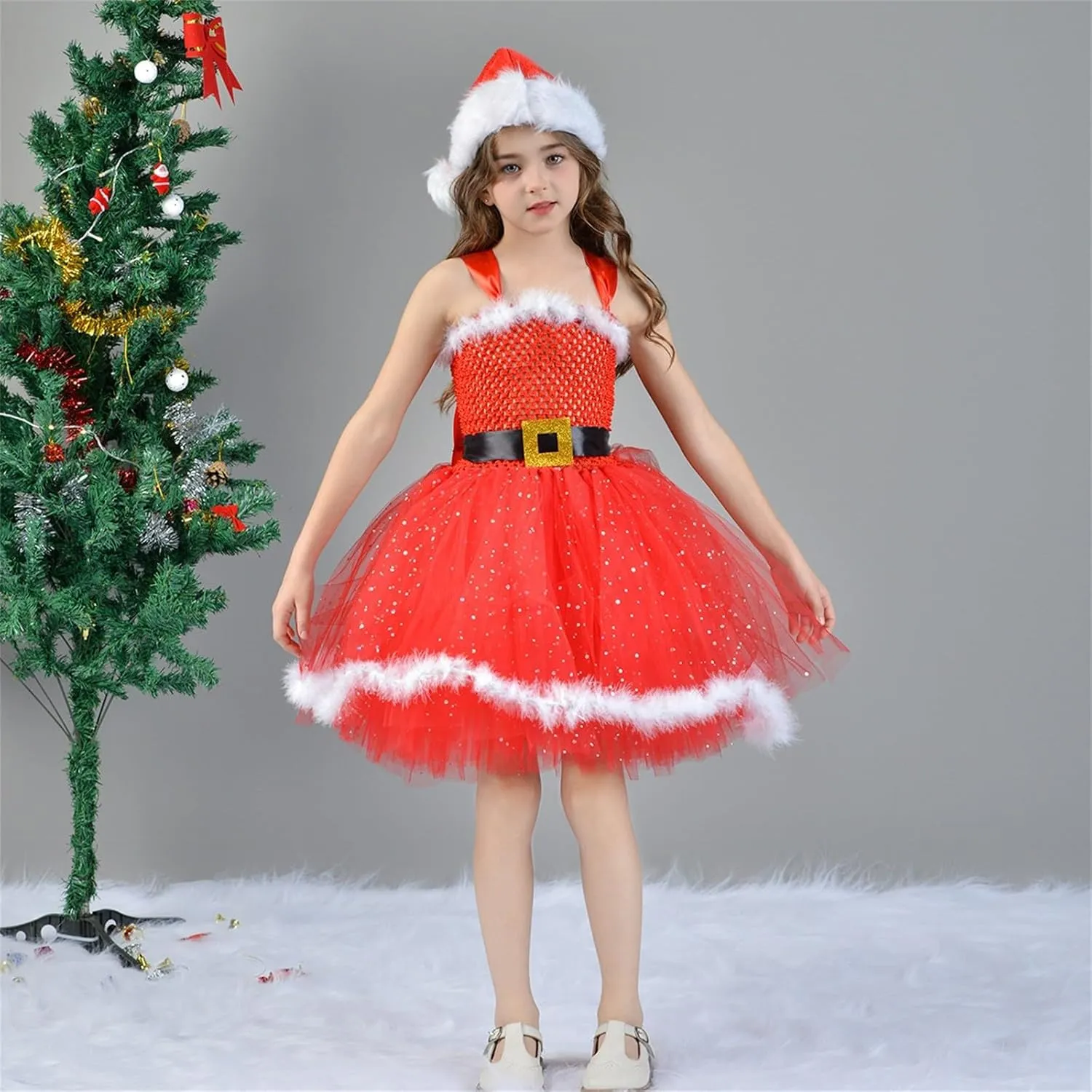 Girls Christmas Santa Costume Xmas Tutu Tulle Dress Pageant Gown Princess Dress with Headband Photoshoot Dress Up Outfit