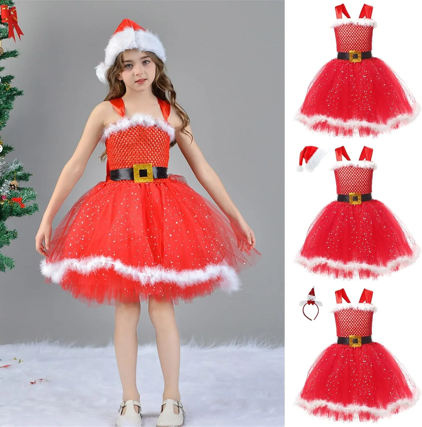 Girls Christmas Santa Costume Xmas Tutu Tulle Dress Pageant Gown Princess Dress with Headband Photoshoot Dress Up Outfit