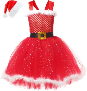 Girls Christmas Santa Costume Xmas Tutu Tulle Dress Pageant Gown Princess Dress with Headband Photoshoot Dress Up Outfit