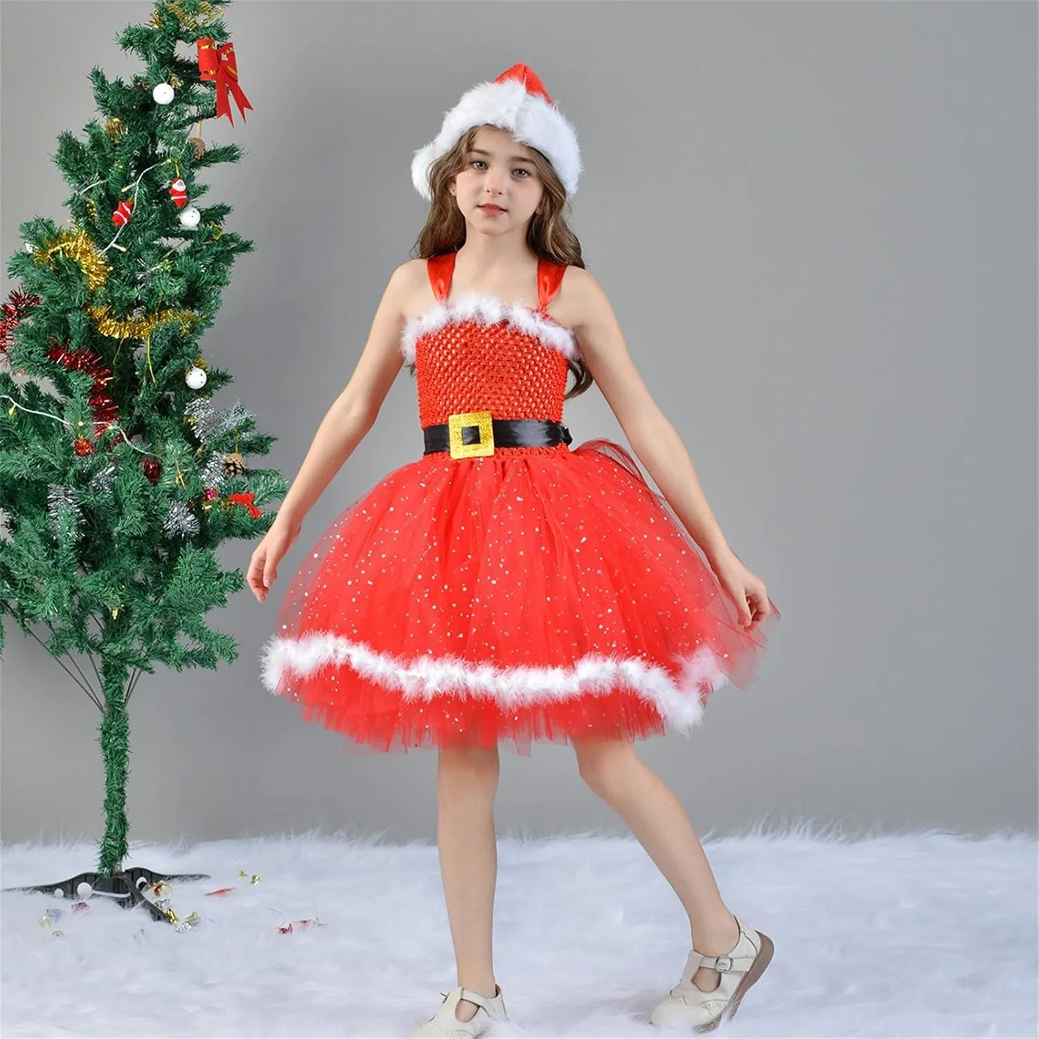 Girls Christmas Santa Costume Xmas Tutu Tulle Dress Pageant Gown Princess Dress with Headband Photoshoot Dress Up Outfit