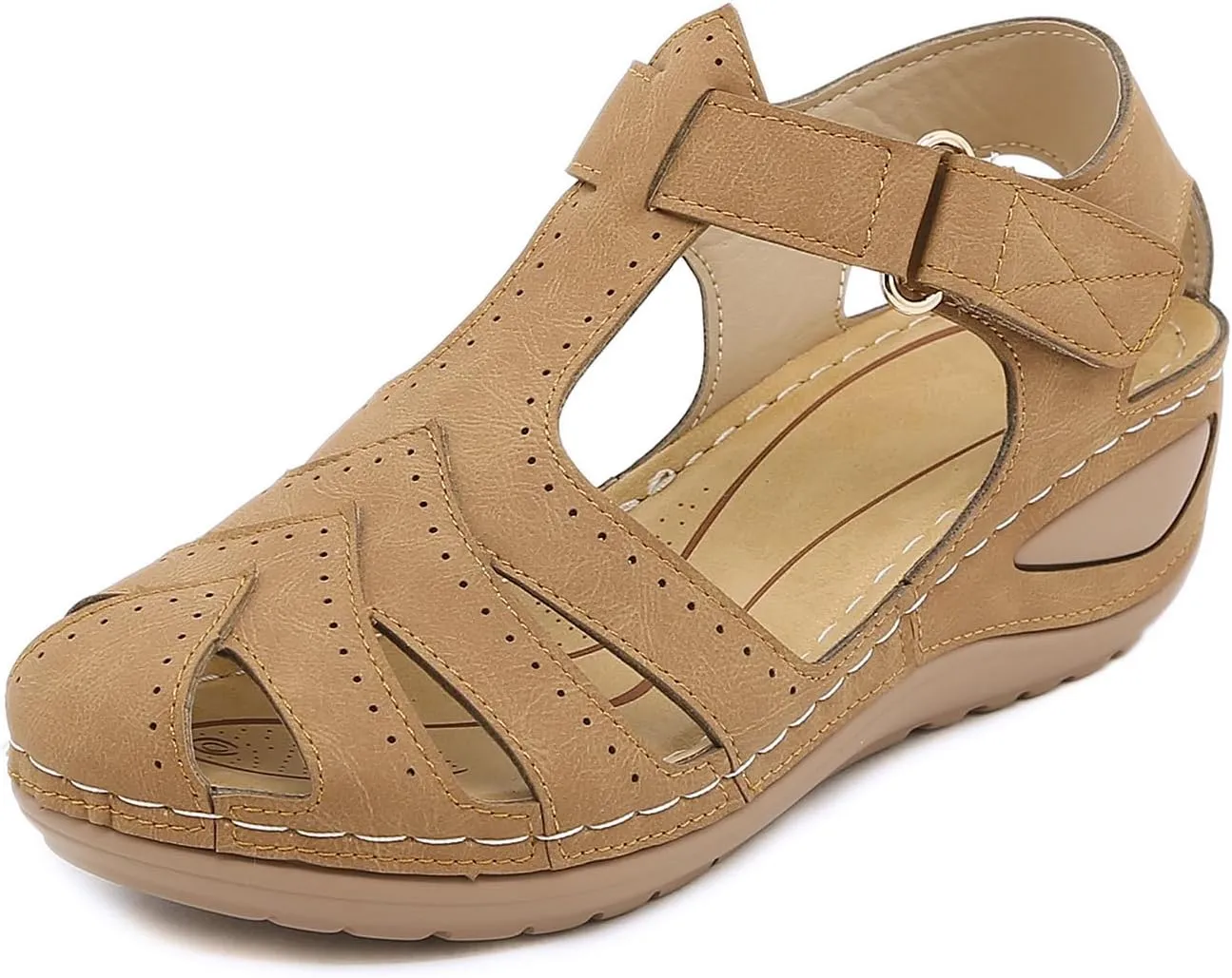 Gladiator Sandals for Women Slip On Comfortable Closed Toe Wedge Sandals Breathable Cutout Soft Cushion Wedges with Arch Support Dressy Summer Ankle Strap Vacation Shoes