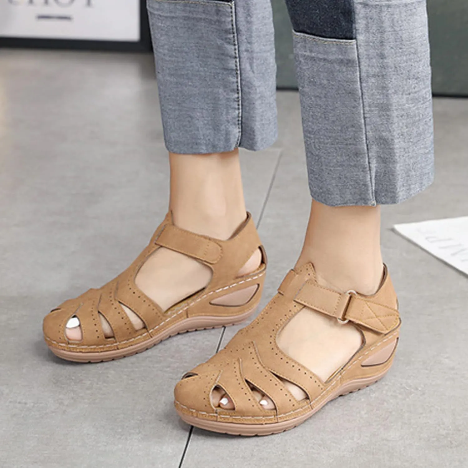 Gladiator Sandals for Women Slip On Comfortable Closed Toe Wedge Sandals Breathable Cutout Soft Cushion Wedges with Arch Support Dressy Summer Ankle Strap Vacation Shoes