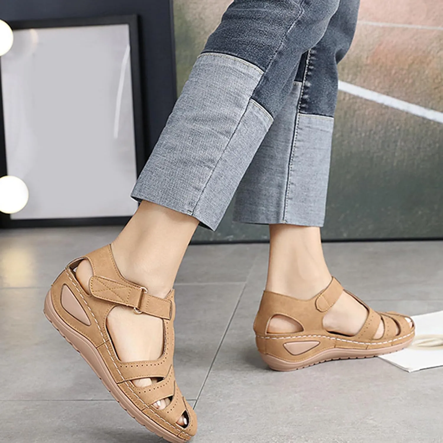 Gladiator Sandals for Women Slip On Comfortable Closed Toe Wedge Sandals Breathable Cutout Soft Cushion Wedges with Arch Support Dressy Summer Ankle Strap Vacation Shoes