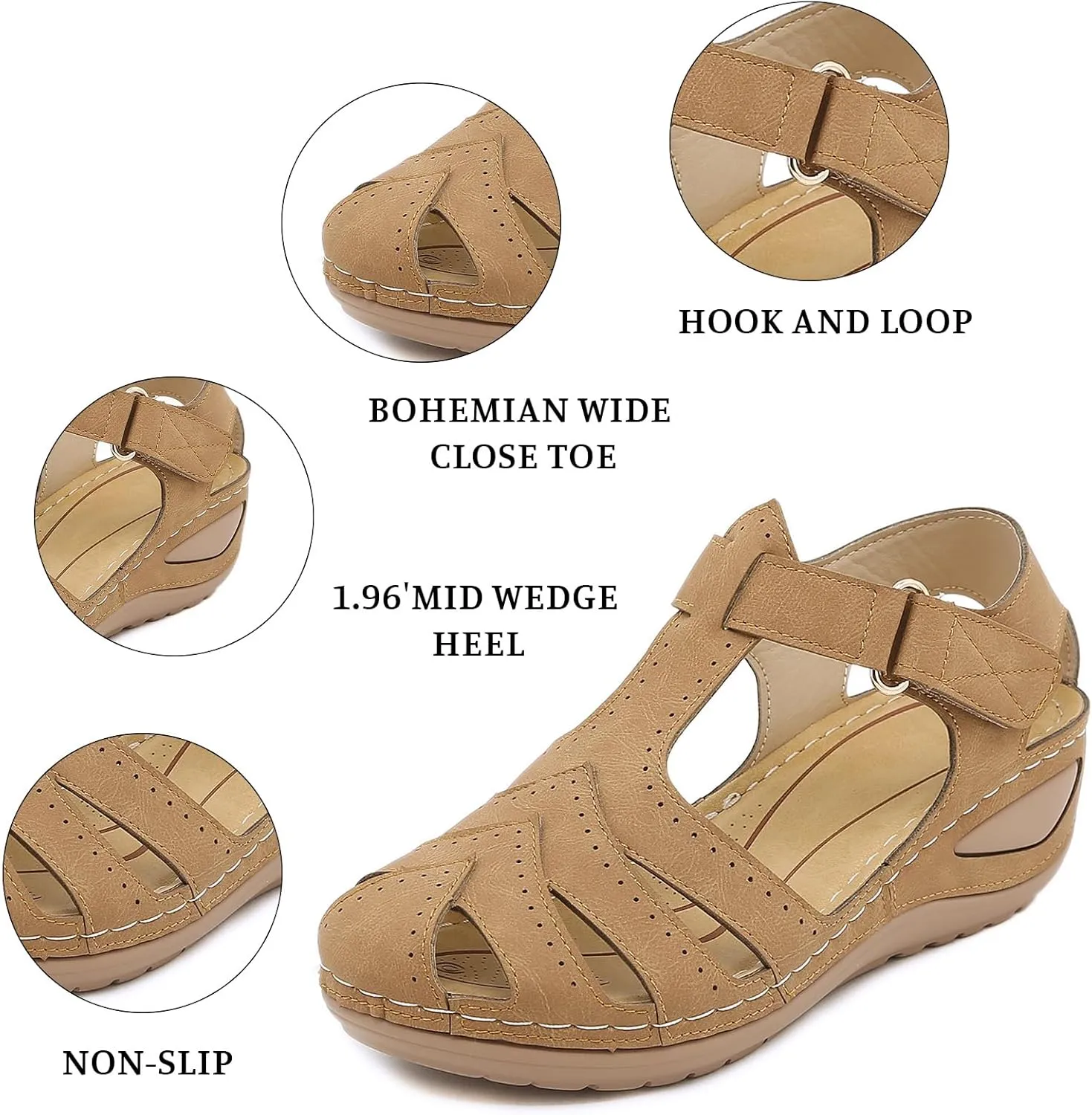 Gladiator Sandals for Women Slip On Comfortable Closed Toe Wedge Sandals Breathable Cutout Soft Cushion Wedges with Arch Support Dressy Summer Ankle Strap Vacation Shoes