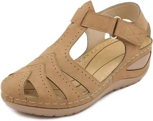 Gladiator Sandals for Women Slip On Comfortable Closed Toe Wedge Sandals Breathable Cutout Soft Cushion Wedges with Arch Support Dressy Summer Ankle Strap Vacation Shoes