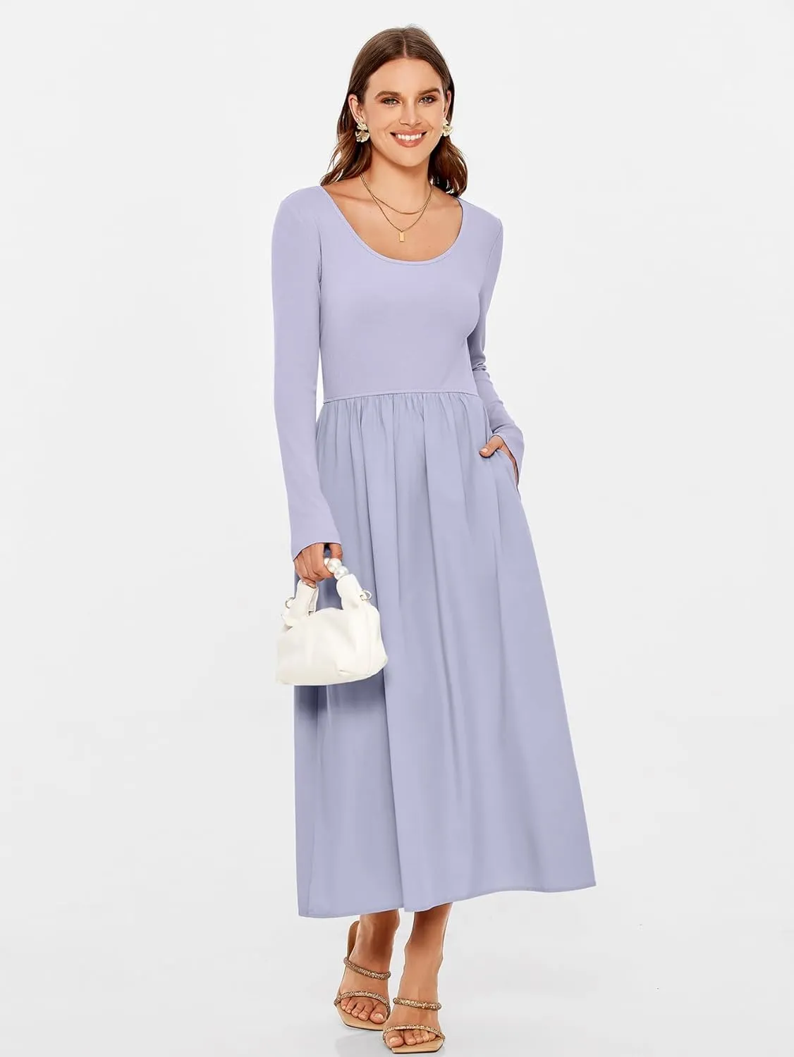 Glamaker Womens Long Sleeve Midi Dress 2025 Spring Wedding Guest Dress Casual HOCO A Line Holiday Dress with Pockets