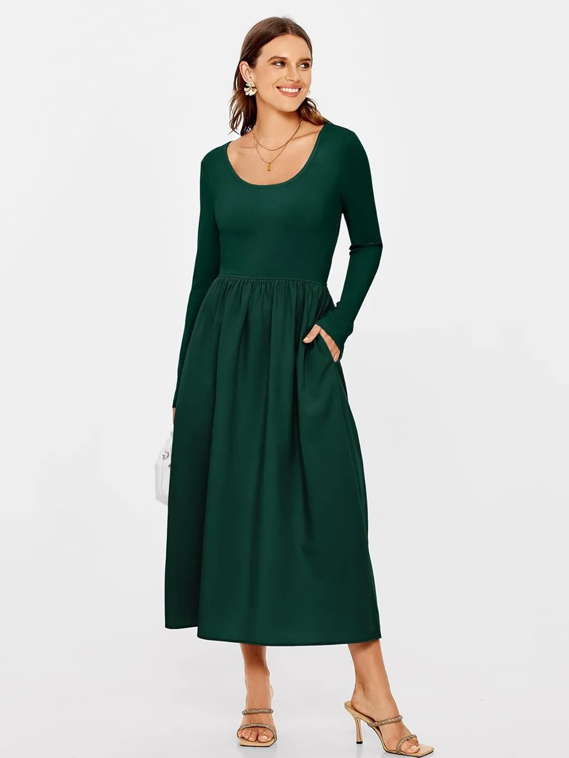 Glamaker Womens Long Sleeve Midi Dress 2025 Spring Wedding Guest Dress Casual HOCO A Line Holiday Dress with Pockets