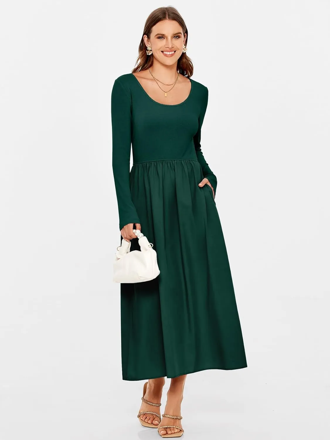 Glamaker Womens Long Sleeve Midi Dress 2025 Spring Wedding Guest Dress Casual HOCO A Line Holiday Dress with Pockets