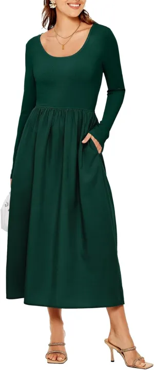 Glamaker Womens Long Sleeve Midi Dress 2025 Spring Wedding Guest Dress Casual HOCO A Line Holiday Dress with Pockets