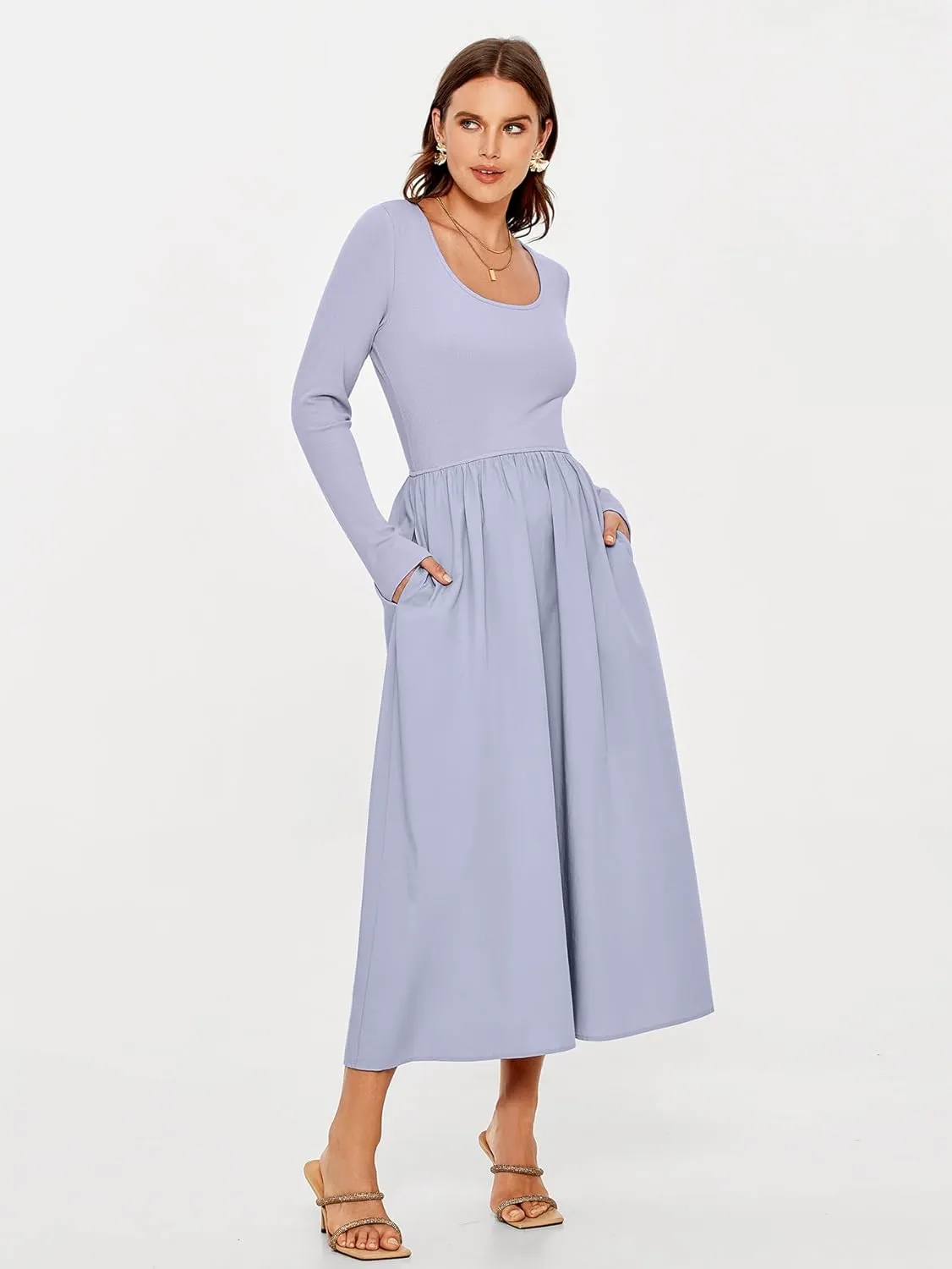 Glamaker Womens Long Sleeve Midi Dress 2025 Spring Wedding Guest Dress Casual HOCO A Line Holiday Dress with Pockets