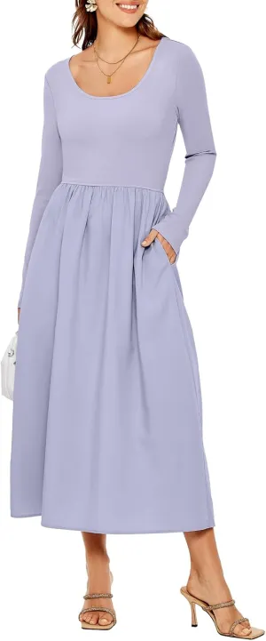 Glamaker Womens Long Sleeve Midi Dress 2025 Spring Wedding Guest Dress Casual HOCO A Line Holiday Dress with Pockets