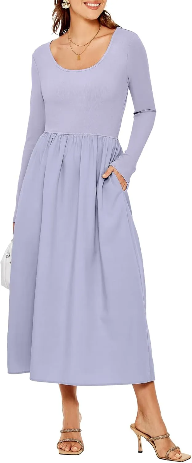 Glamaker Womens Long Sleeve Midi Dress 2025 Spring Wedding Guest Dress Casual HOCO A Line Holiday Dress with Pockets