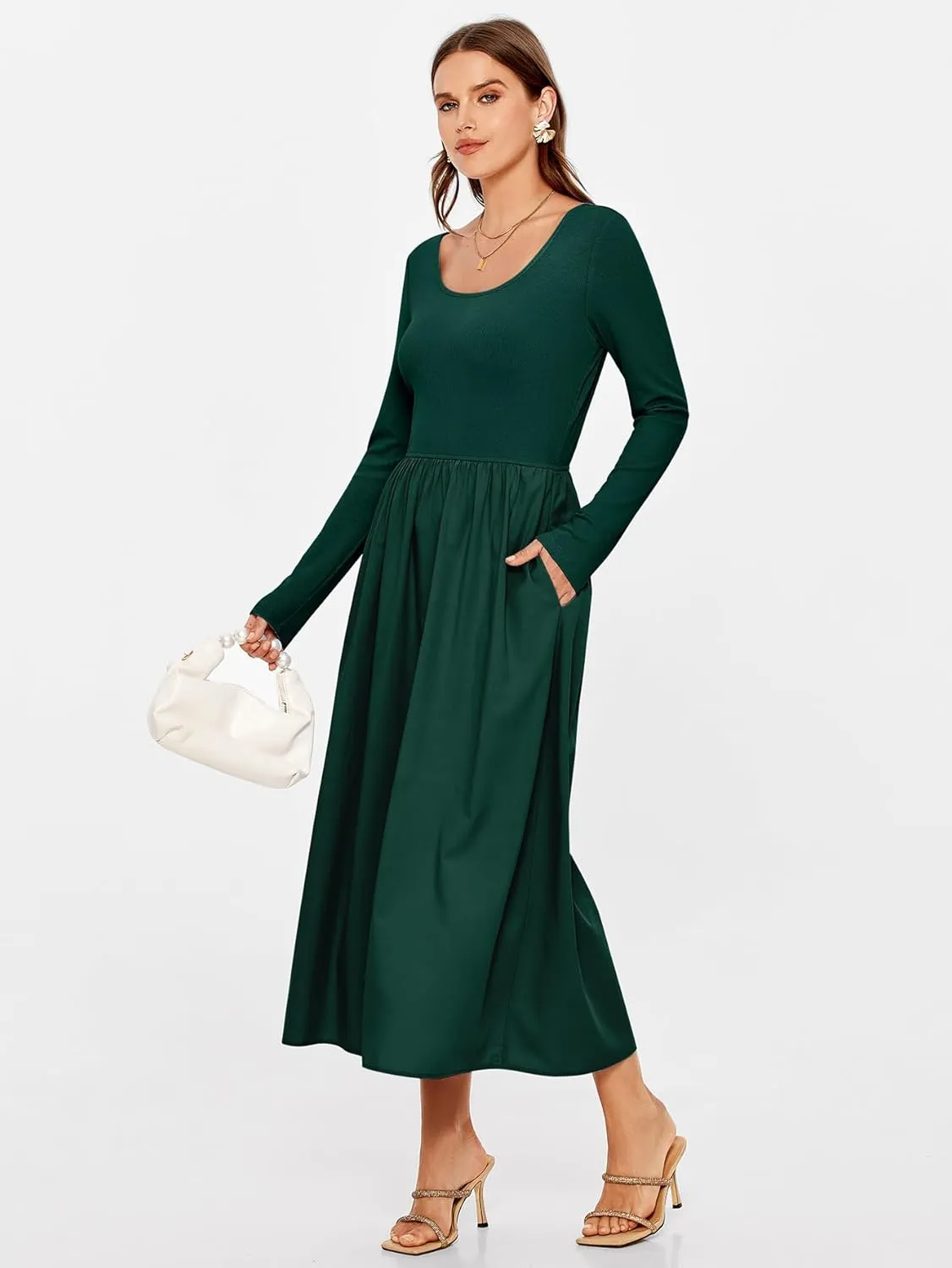 Glamaker Womens Long Sleeve Midi Dress 2025 Spring Wedding Guest Dress Casual HOCO A Line Holiday Dress with Pockets