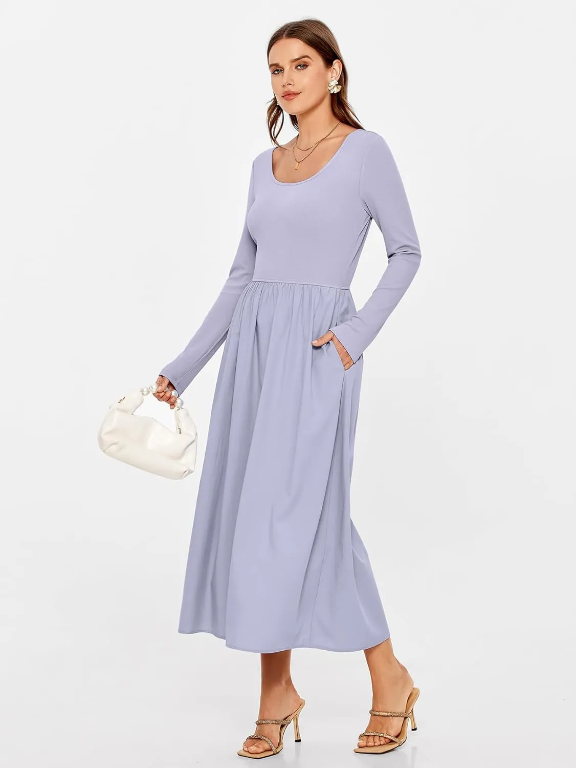 Glamaker Womens Long Sleeve Midi Dress 2025 Spring Wedding Guest Dress Casual HOCO A Line Holiday Dress with Pockets