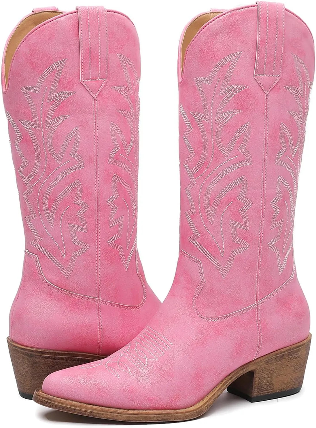 GLOBALWIN Women's Mid Calf Western Cowboy Boots Cowgirl Boots for Women with Floral Embroidery Side Zipper Chunky Heel