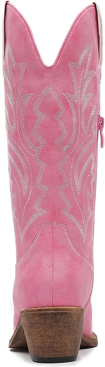 GLOBALWIN Women's Mid Calf Western Cowboy Boots Cowgirl Boots for Women with Floral Embroidery Side Zipper Chunky Heel