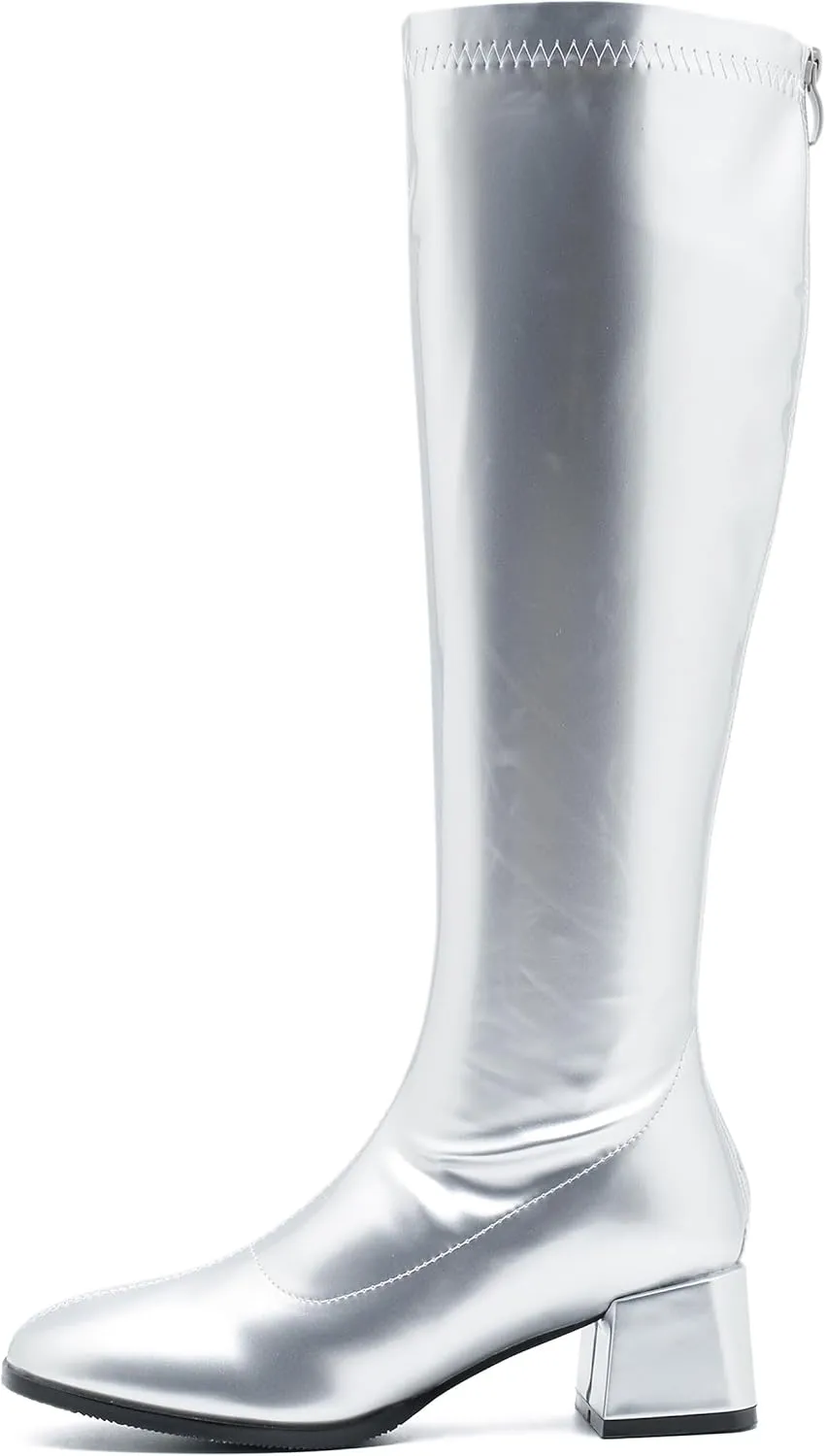 GOGO Boots for Women, Knee High Boots, Mid Block Heel Zipper Boots Ladies Party Dance Shoes