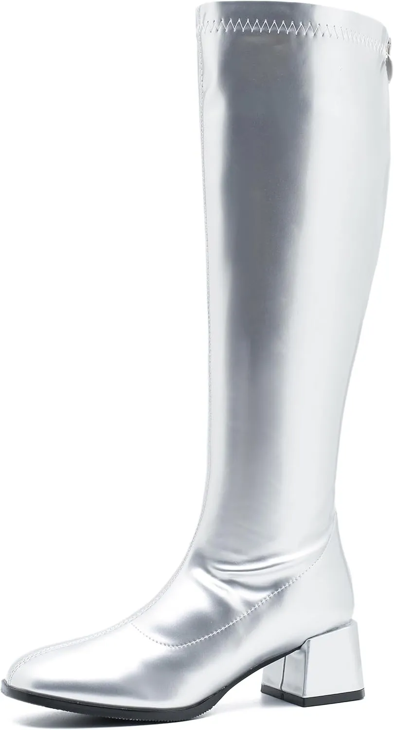 GOGO Boots for Women, Knee High Boots, Mid Block Heel Zipper Boots Ladies Party Dance Shoes