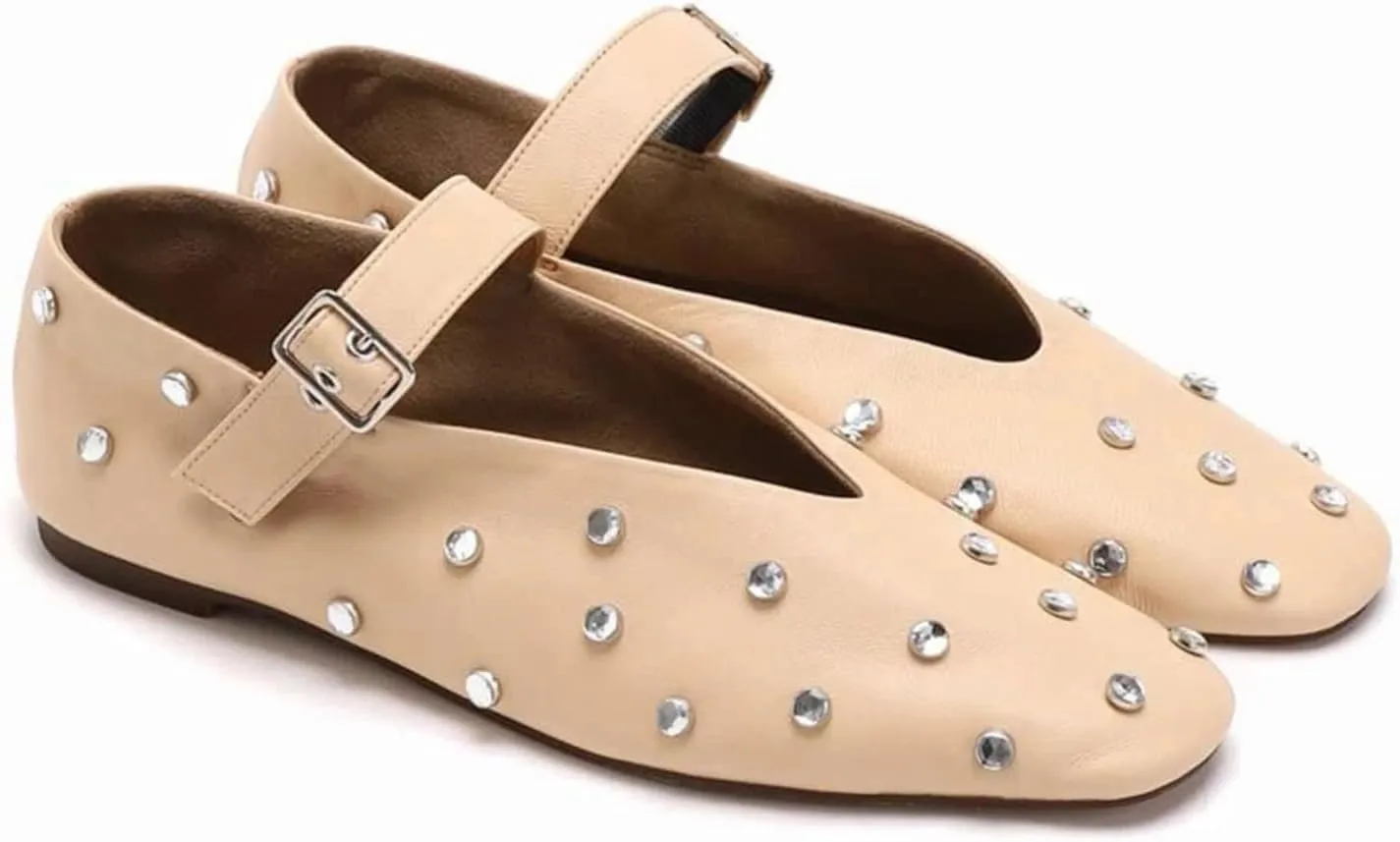 Goolita Sparkly Rhinestone Flats for Women, Square Toe Low Heel Studded Balle Flats Shoes Comfortable Buckle Strap Mary Jane Shoes