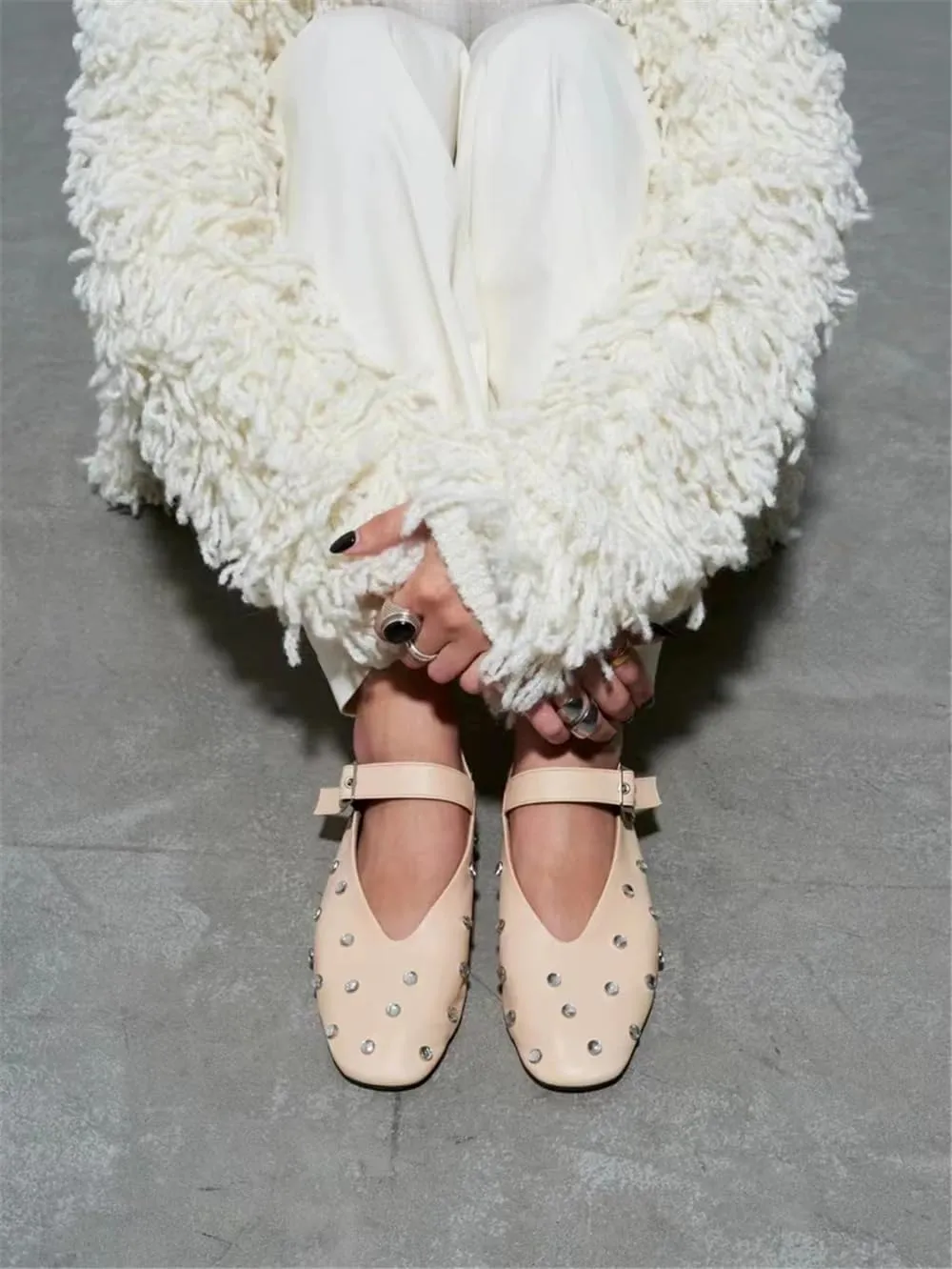 Goolita Sparkly Rhinestone Flats for Women, Square Toe Low Heel Studded Balle Flats Shoes Comfortable Buckle Strap Mary Jane Shoes