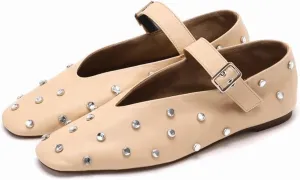 Goolita Sparkly Rhinestone Flats for Women, Square Toe Low Heel Studded Balle Flats Shoes Comfortable Buckle Strap Mary Jane Shoes