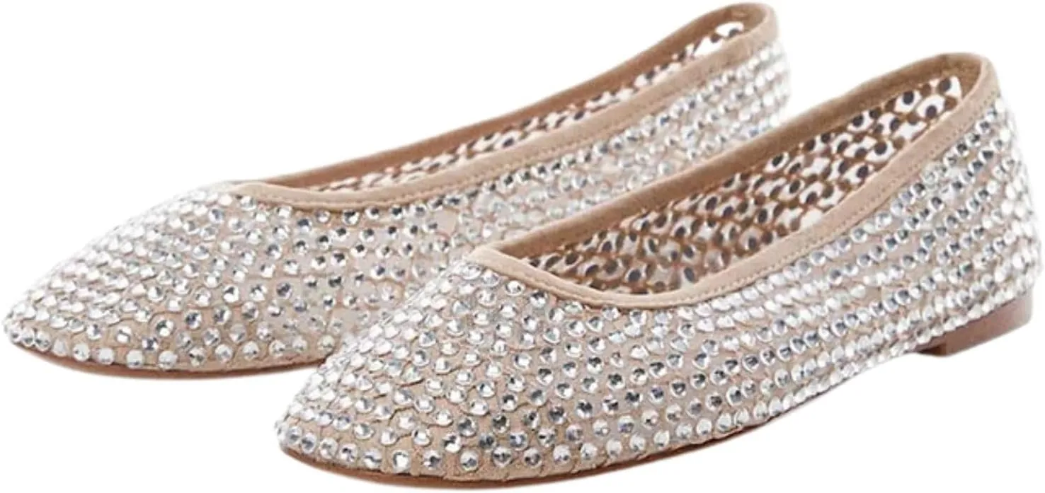 Goolita Women's Sparkly Rhinestone Ballet Flats Round Toe Mesh Ballerina Shoes Comfortable Slip On Flats Shoes