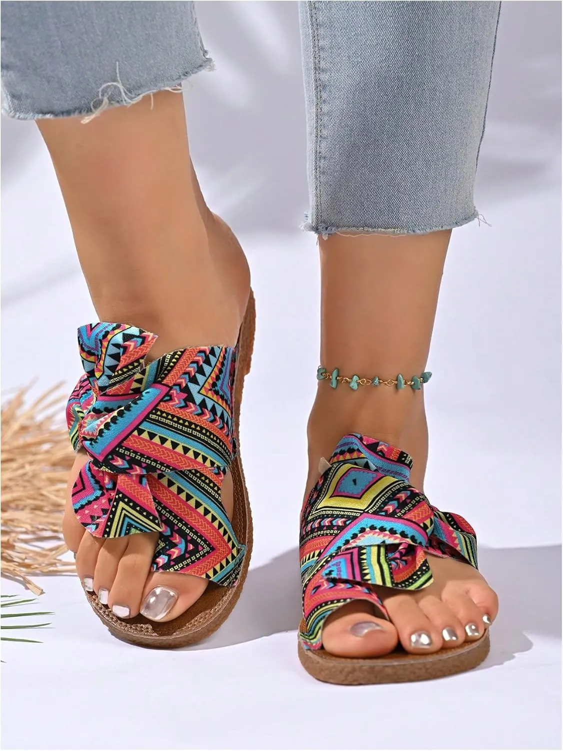GORGLITTER Women's Rainbow Bow Tie Flat Beach Sandals 2025 Vacation Open Toe Thong Sandals Summer Slides Shoes