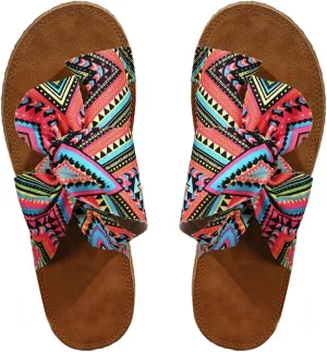 GORGLITTER Women's Rainbow Bow Tie Flat Beach Sandals 2025 Vacation Open Toe Thong Sandals Summer Slides Shoes