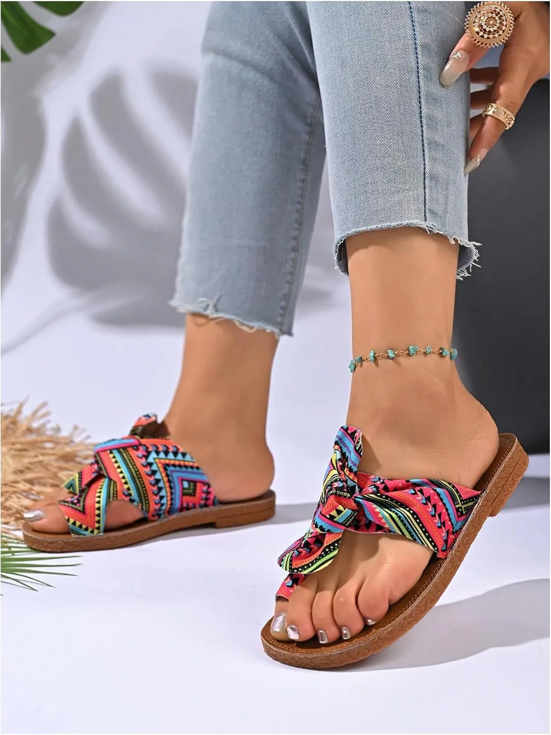 GORGLITTER Women's Rainbow Bow Tie Flat Beach Sandals 2025 Vacation Open Toe Thong Sandals Summer Slides Shoes