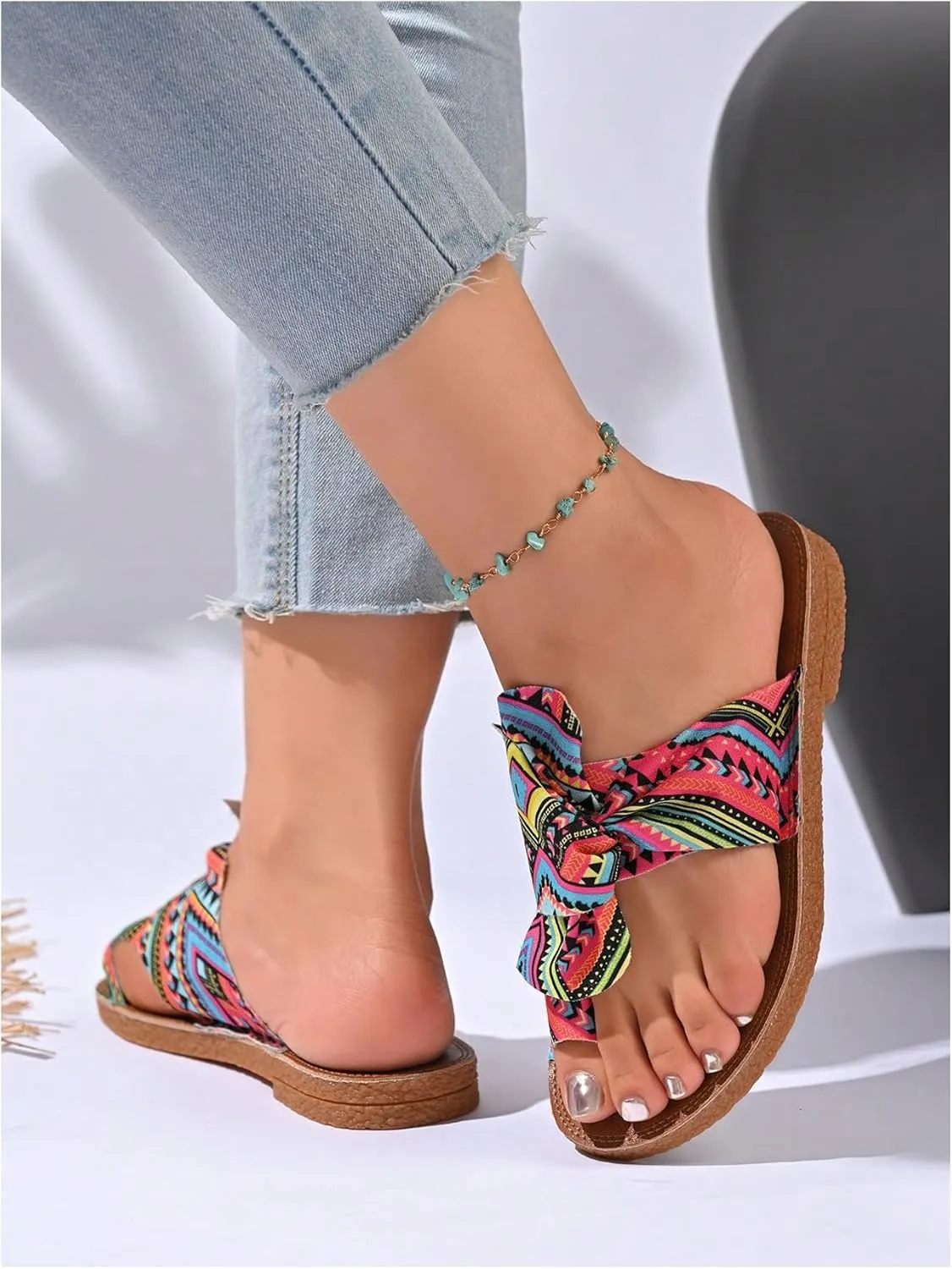 GORGLITTER Women's Rainbow Bow Tie Flat Beach Sandals 2025 Vacation Open Toe Thong Sandals Summer Slides Shoes