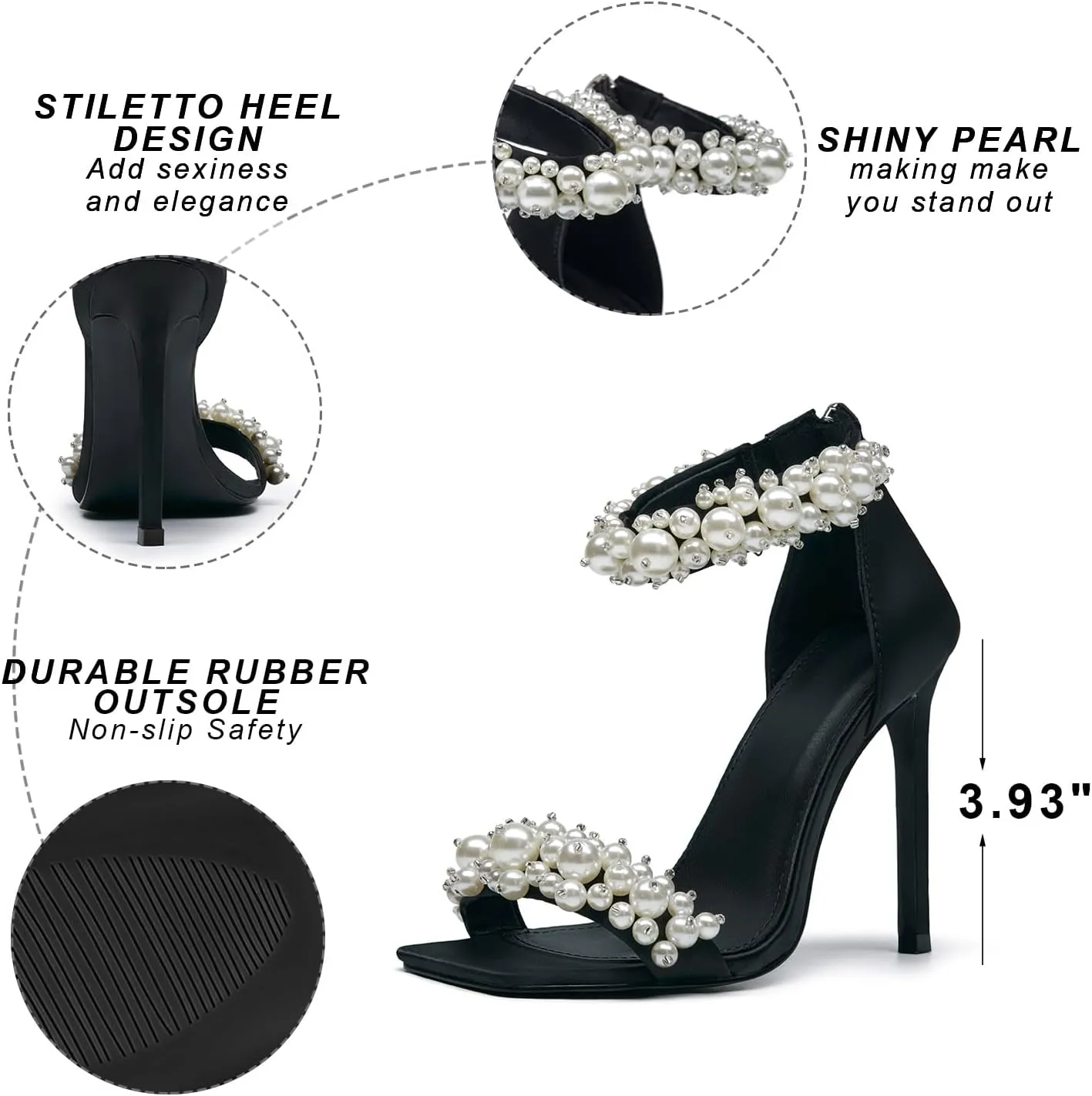 GOSERCE Women's Pearl Stiletto Heels Sandals Open Square Toe Pumps High Heels Ankle Back Zipper Satin Prom Wedding Party Dress for Women Heeled