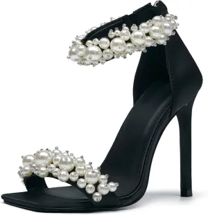 GOSERCE Women's Pearl Stiletto Heels Sandals Open Square Toe Pumps High Heels Ankle Back Zipper Satin Prom Wedding Party Dress for Women Heeled