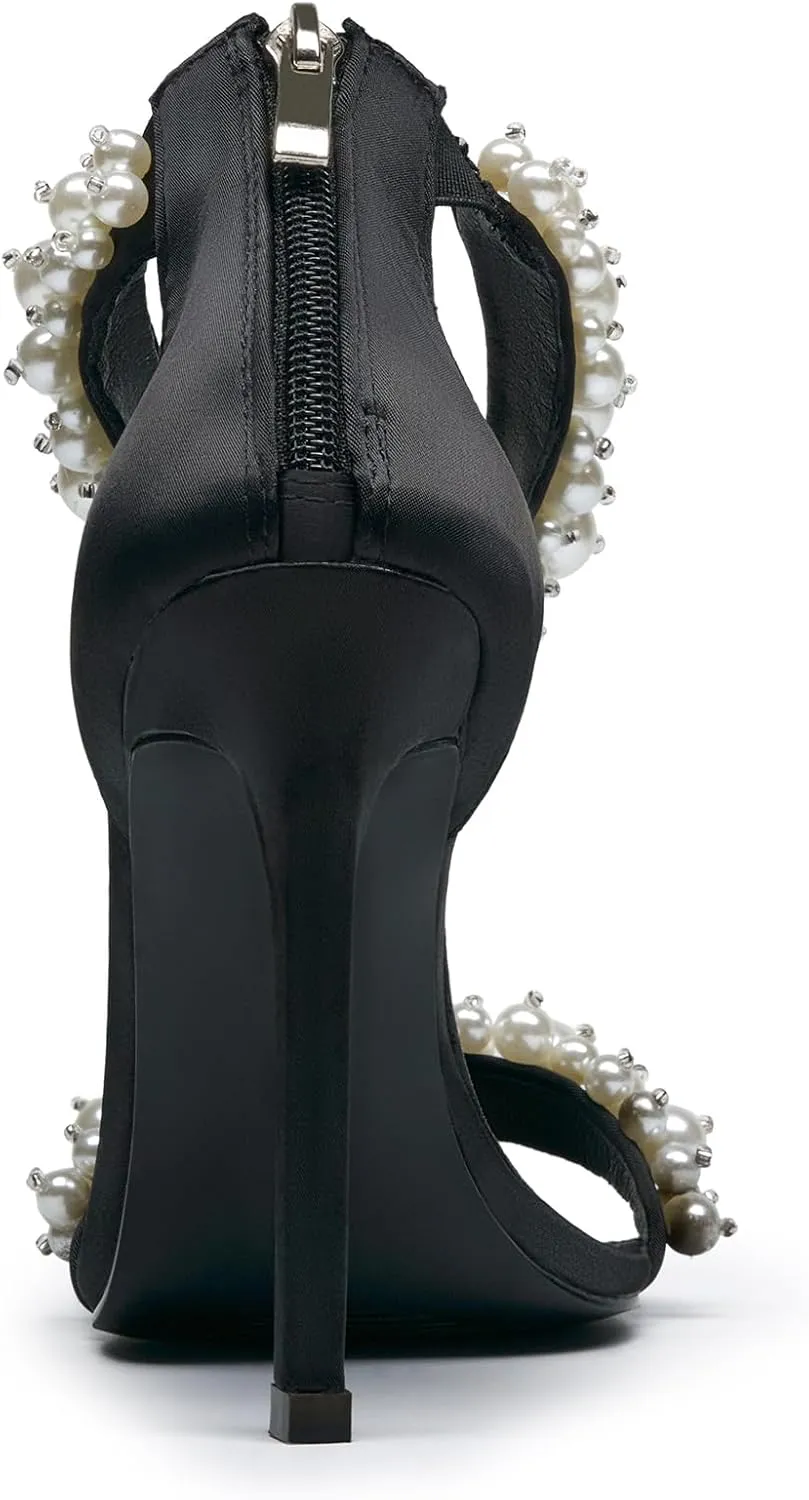GOSERCE Women's Pearl Stiletto Heels Sandals Open Square Toe Pumps High Heels Ankle Back Zipper Satin Prom Wedding Party Dress for Women Heeled