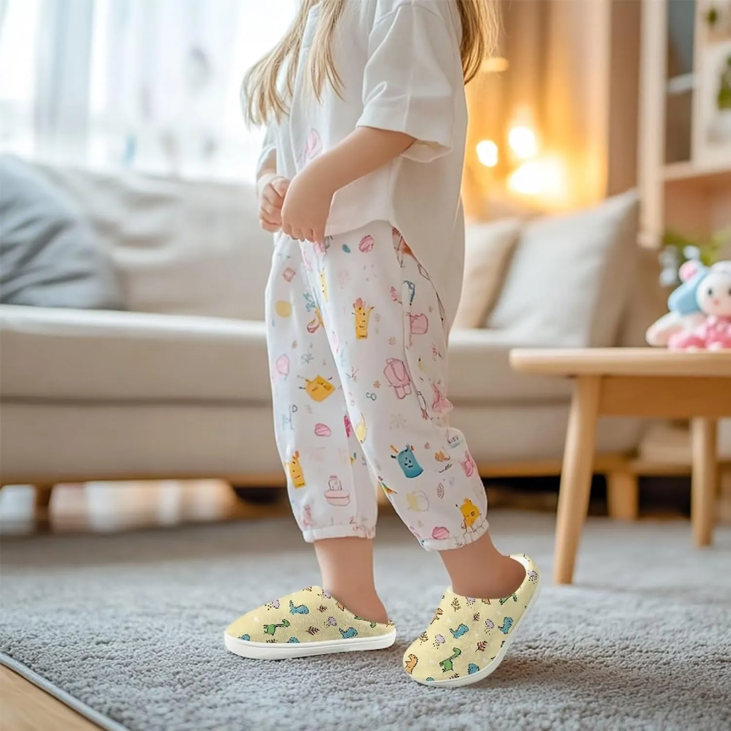 GOSTONG Kids Winter Slippers Warm Fuzzy Lining Cosy Home Slippers Girls Boys Easy Slip-ins Non Slip Kids Shoes White US 9-15