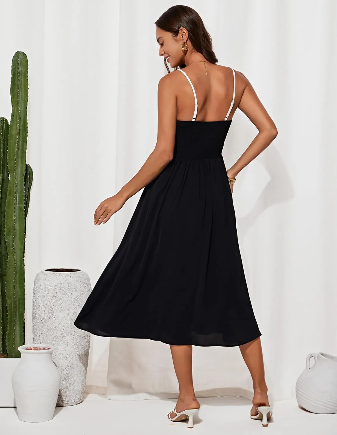 GRACE KARIN Women's 2025 Summer Spaghetti Strap Midi Dress Square Neck A Line Flowy Dress Tie Front Beach Sundress