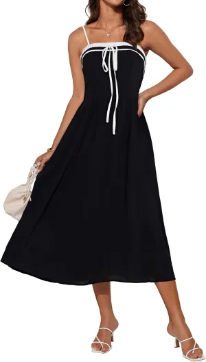 GRACE KARIN Women's 2025 Summer Spaghetti Strap Midi Dress Square Neck A Line Flowy Dress Tie Front Beach Sundress