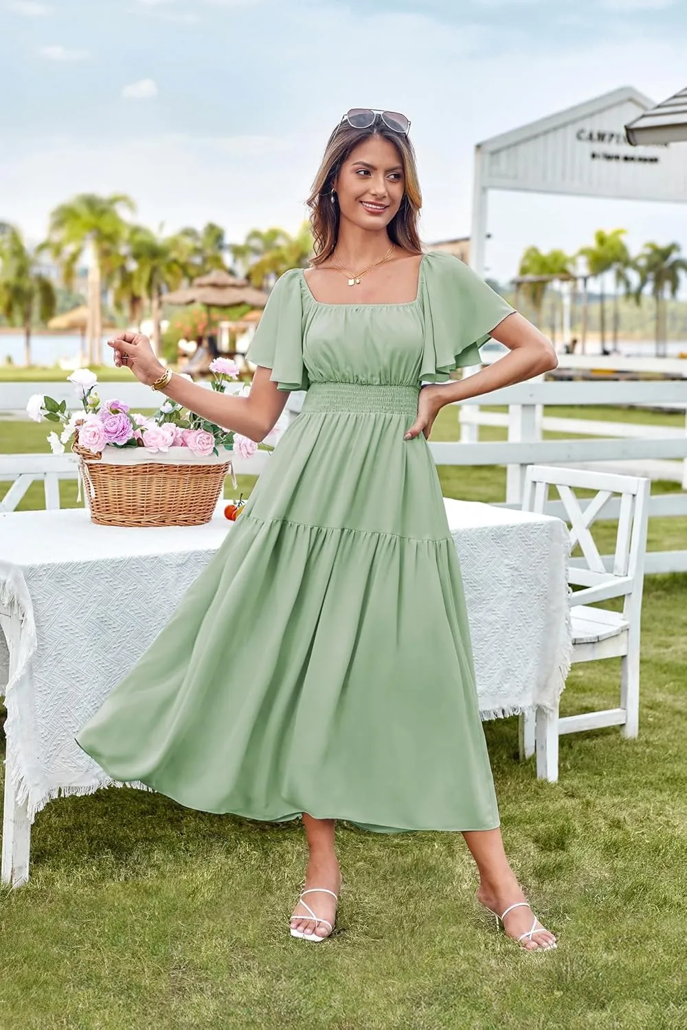 GRACE KARIN Women's Summer Short Sleeve Square Neck Smocked Waist Casual Vacation Tiered Flowy Maxi Dress