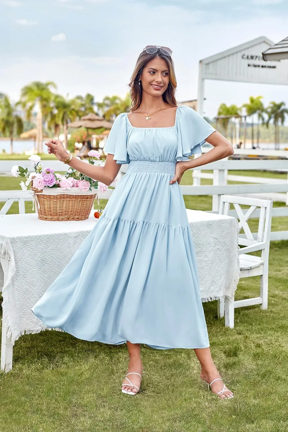 GRACE KARIN Women's Summer Short Sleeve Square Neck Smocked Waist Casual Vacation Tiered Flowy Maxi Dress