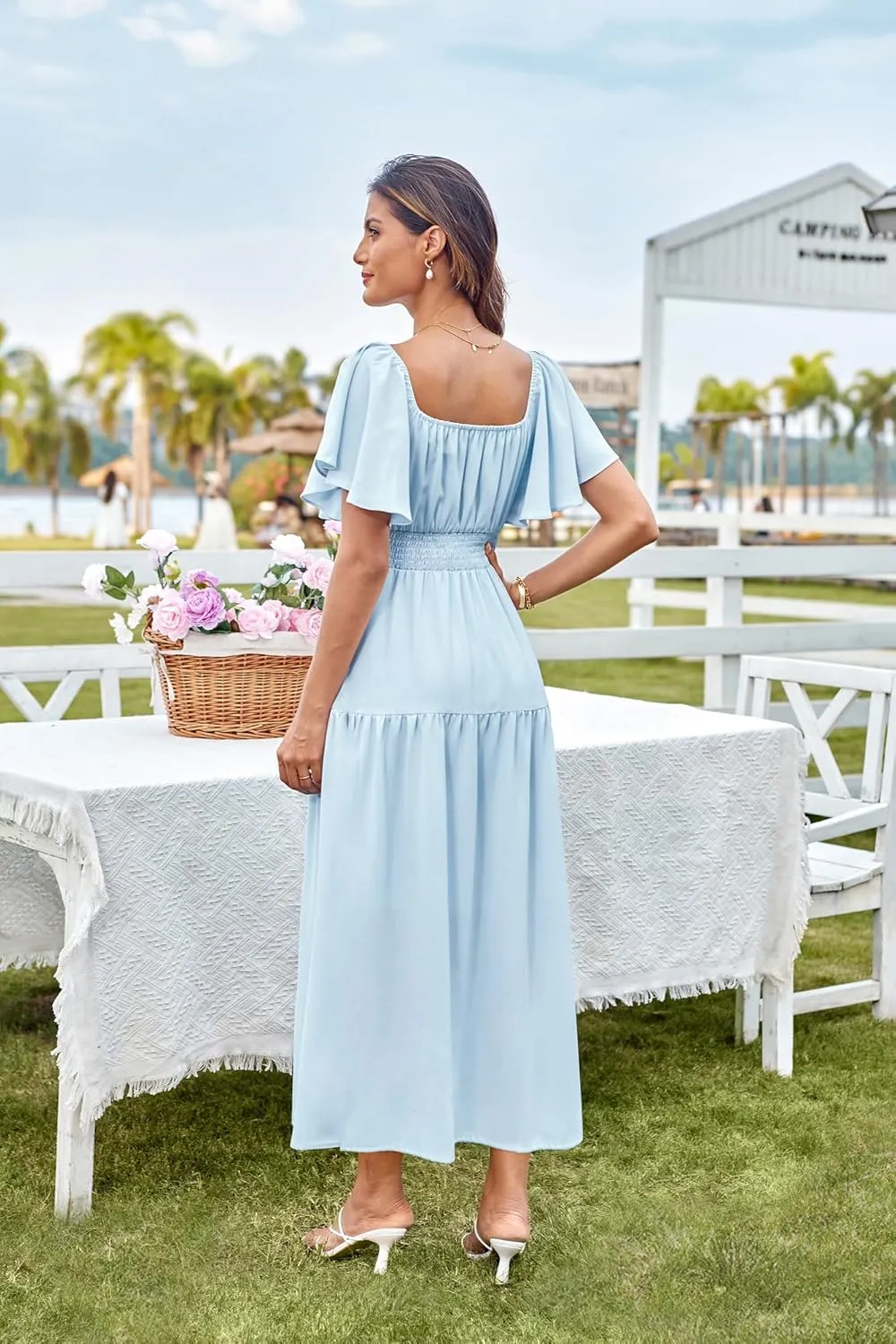 GRACE KARIN Women's Summer Short Sleeve Square Neck Smocked Waist Casual Vacation Tiered Flowy Maxi Dress