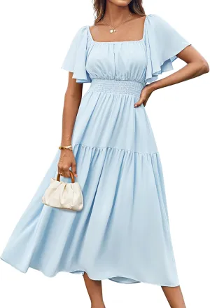 GRACE KARIN Women's Summer Short Sleeve Square Neck Smocked Waist Casual Vacation Tiered Flowy Maxi Dress