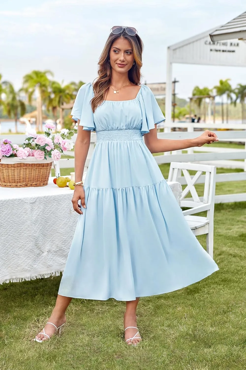 GRACE KARIN Women's Summer Short Sleeve Square Neck Smocked Waist Casual Vacation Tiered Flowy Maxi Dress